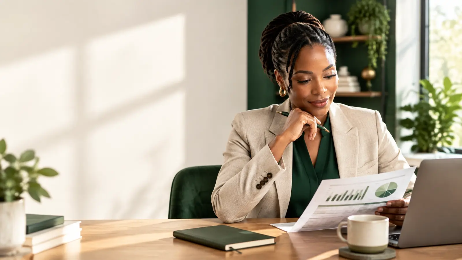 Business owner reviewing a plan in a modern office